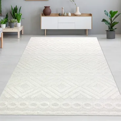 Immagine prodotto di Tappeto a pelo alto in stile bohémien con motivo a cerchi e rombi color crema Dimensioni - 140 x 200 cm