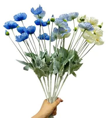 Künstliche Mohnblumen 9er-Set, Seide, 58 cm, blau, für Vase und Dekoration
