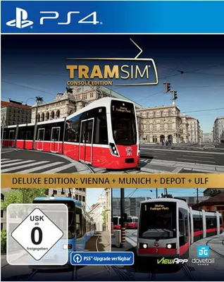 The image is a collage of game box art and in-game screenshots for a tram simulation game.