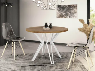 Produktbild von Runder Tisch für das Esszimmer - 100 oder 120 cm Durchmesser - Ausziehbarer Tisch mit Pulverbeschichteten Weißen Metallbeinen - Industriestil - 120 cm - Lancelot Eiche
