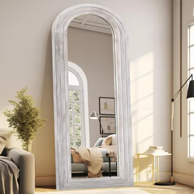 Immagine prodotto di Specchio a figura intera, 165x56 cm, specchio da terra curvo, cornice in legno massello, stile rustico, colore bianco