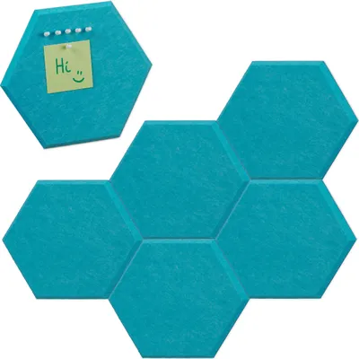 Image de Tableau en feutre Relaxdays, 6 pièces, hexagones en feutre autocollants, H x l x P : 26 x 30 x 0,9 cm, tableau en feutre avec épingles, bleu
