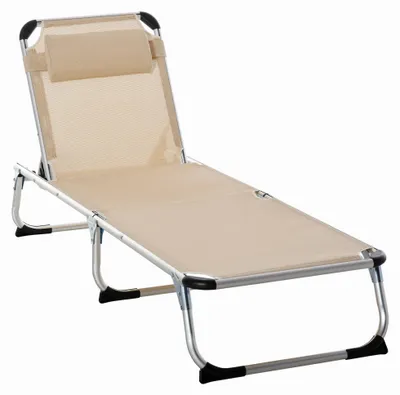 Image de Chaise longue de jardin en aluminium, pliable, réglable en 4 positions, ergonomique avec revêtement en maille, beige, 170 x 60 x 76 cm