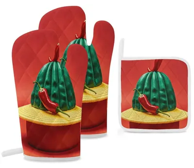Produktbild von Ofenhandschuhe und Topflappen-Set, 3 Stück - Hitzebeständige Baumwolle - Weiß