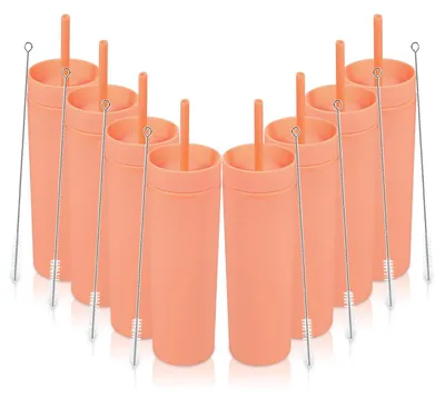 Productafbeelding van Set van 8 Plastic IJsdrankbekers met Deksel en Rietje, 480ml