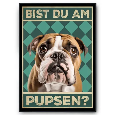 Produktbild von Englische Bulldogge - Bist du am Pupsen? Hunde Poster Badezimmer Gästebad Wandbild Klo Toilette Dekoration Lustiges Gäste-WC Bild DIN A4 – DIN A4 mit Rahmen | Schwarz