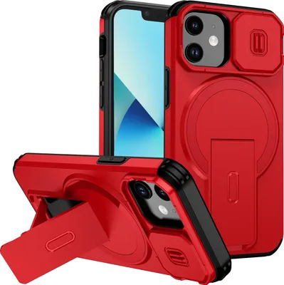 Immagine prodotto di Custodia magnetica per iPhone 13 Mini/iPhone 12 Mini, custodia resistente a doppio strato con protezione della fotocamera scorrevole e supporto regolabile Rosso