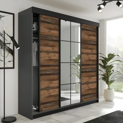 Produktbild von KIER FURNITURE Schiebegarderobe LAMARO mit Spiegel. Schrank Schlafzimmer 200x205x59cm