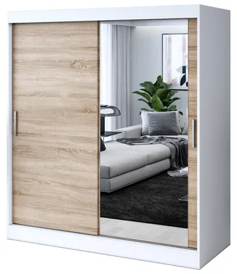 Zdjęcie produktu dla Szafa przesuwna z lustrem - 180x200cm - Biały Mat i Dąb Sonoma - Szafa HUGO - 2-drzwiowa - z 2 drążkami