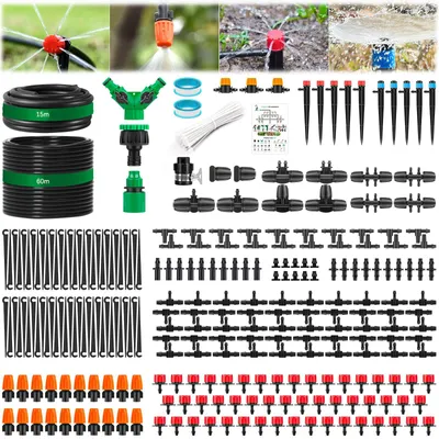 Image de Système d'arrosage pour jardin, comprenant 315 pièces, 60 mètres de tuyau plus 15 mètres de flexible, buses réglables, idéal pour l'arrosage du jardin