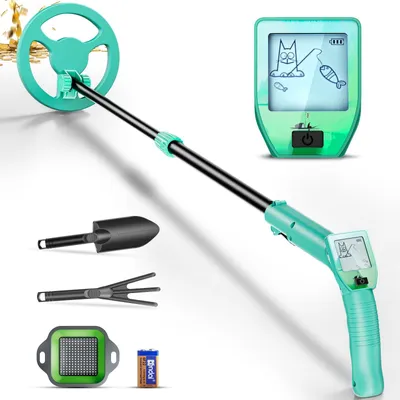 Obrázek produktu pro Detektor kovů pro děti - Nastavitelný 66 až 83 cm - Se lopatkou a hráběmi - LCD displej - Vodotěsná cívka IP68