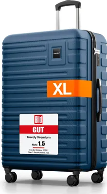 A blue suitcase with marketing labels.