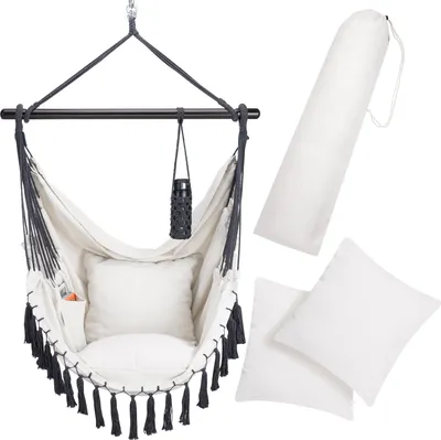 Produktbild von DETEX® Hängesessel bis 150kg Belastbar mit Flaschenhalter Boho Stil Wetterfest Garten 360° Drehbar Creme Hängestuhl Indoor & Outdoor Kissen