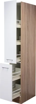 A tall, narrow cabinet with pull-out shelves. One side is white, and the other has a wood grain finish. The cabinet doors are slightly open.