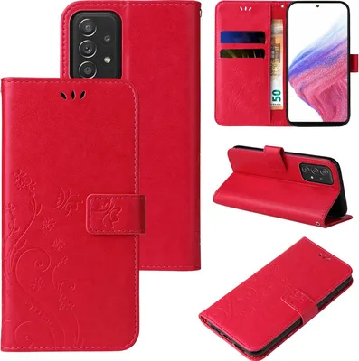 Produktbild von Handyhülle für Samsung Galaxy A53 5G Floral Blumen Schmetterling Flip Cover Hülle Case Klapphülle Handytasche Farbe: Rot
