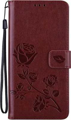A close-up, front-facing view of a brown leather phone case with embossed rose designs.
