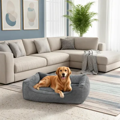 Produktbild von Feandrea Hundebett, Hundekissen in Leinenoptik, Hundekorb, erhöhte Ränder, rutschfeste Unterseite, Bezug abnehmbar waschbar, XL, für große Hunde
