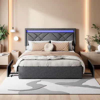 Obrázok produktu pre Fortuna Lai čalúnená posteľ 160x200cm, manželská posteľ s 2 USB/Typ C, 4 zásuvky, úložný priestor posteľ pre mladých s lamelovým roštom a Led, funkčná posteľ, posteľná bielizeň