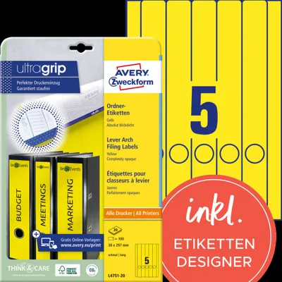 Obrázok produktu pre Avery Border Binder Labels, Yellow 38 x 297mm (20), 20 listy, 38 x 297mm