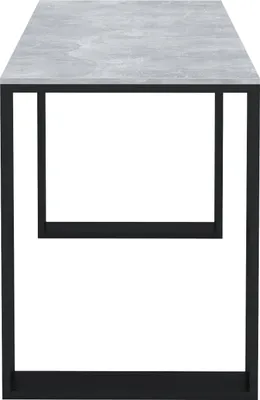 A table with a concrete-look top and black metal legs, shown from the front.