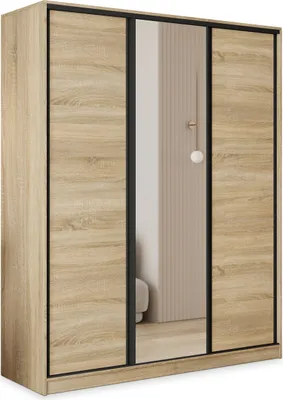 Produktbild von Masseno Schiebetürenschrank TARI 160/205/58 cm Kleiderschrank mit 4 Schubladen Schlafzimmer Schrank 3-türig mit Spiegel Sonoma Eiche