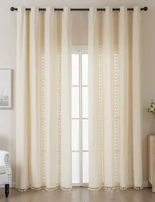 Produktbild von 2er Set Gardinen Ösen »Osaka« HxB 245x140 cm Creme 100% Baumwolle Linenlook Makrameespitze Bommeln Raffhalter 2024130-2
