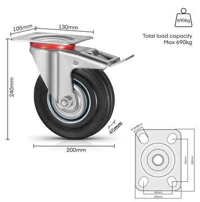 Produktbild von Möbel Transportrollen - Feste Schwerlastrollen - 8 Stück 200 mm Räder - Mit Bremse - Richtungsfest für Möbelwagen und Maschinen
