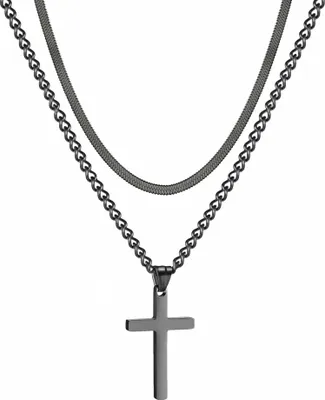 Produktbild von Herren Kreuzkette Edelstahl Schwarz Silber Gold Layered Schlangenkette Kubanische Anhänger