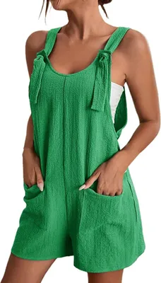 Produktbild von ASKSA Damen Jumpsuit Sommer Ärmellos Kurz Latzhose Playsuit Baggy mit Taschen Sommershort, Hellgrün, 3XL