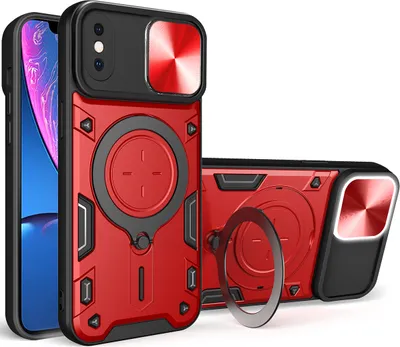 Produktbild von Handyhülle für iPhone XS Max Dual-Layer Stoßfest Rüstung Hülle mit Dia Kameraschutz und Kreisförmig Ring Ständer Rot