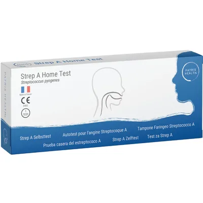 Produktbild von Patris Health® Strep‑A Schnelltest – Streptokokken-A zuhause kontrollieren – Rachenabstrich‑Test mit Ergebnis in 15–20 Minuten