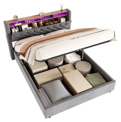 Produktbild von MODFU Boxspringbetten 160x200 mit Matratze und Bettkasten,Doppelbett mit Stauraum-Kopfteil,Polsterbett mit LED und Steckdose,Dunkelgrau