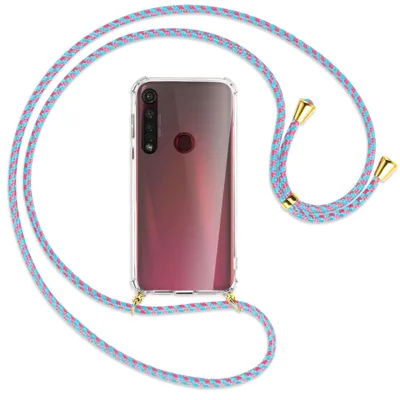 Produktbild von Handykette Backcover-Schutzhülle mit Band (Metall goldfarben) für Motorola Moto G8 Plus - pink/mint
