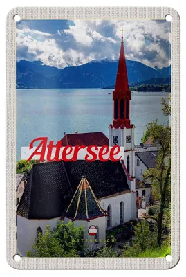 Produktbild von Blechschild Reise 12x18cm Attersee Österreich Kirche Berge See Schild
