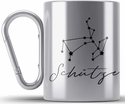 Produktbild von Trendation - Schütze Sternzeichen Edelstahl Tasse Karabiner Geschenk Horoskop Tierkreiszeichen (Silber)