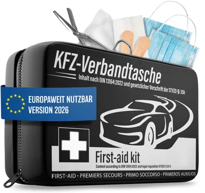 Immagine prodotto di HELDENWERK® Kit di pronto soccorso per auto, conforme alla norma 2026 e alla DIN 13164:2022, in conformità con la StVZO