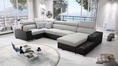 Produktbild von Wohnlandschaft in U-Form PERS IV MAXI Ecksofa Eckcouch mit Schlaffunktion (Grau SAWANA 84 + schwarzes Kunstleder, Rechts)