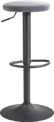 Barhocker Samt Dunkelgrau mit grauem Samtsitz, schwarzem Metallgestell und Fußstütze in Gesamtansicht.