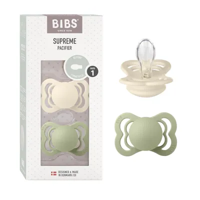 Immagine prodotto di Ciuccio BIBS Supreme, confezione da 2, senza BPA, tettarella simmetrica. Silicone, prodotto in Danimarca. Taglia 1 (0-6 mesi), Avorio / Salvia