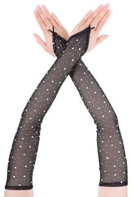 Produktbild von Lange Handschuhe Schwarz Strass Fingerlose Brauthandschuhe Damen Opern Tüll Party Kostüme 20er Jahre Accessoires Halloween Hochzeit Glitzernde Handschuhe