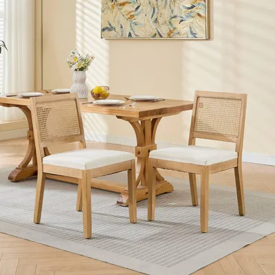 Produktbild von LVHOM Esszimmerstuhl 2er Set Holz, Polsterstuhl mit Leinenbezug & Wiener Geflecht, Scandi Küchenstuhl Rattanstuhl retro für Küche, Beige