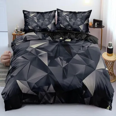 Productafbeelding van Bettenset 135x200 cm + 80x80 cm, 2-delig, 3D geometrisch design, grijs/zwart, microvezel, met rits