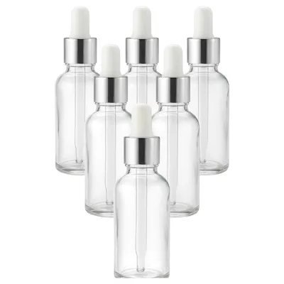 Produktbild von gouveo 6er Set Pipettenflaschen 50 ml aus Klarglas - Leere Apothekerflasche aus Glas - Tropfflasche mit Glaspipette für Essenzen, Öle, Parfüm