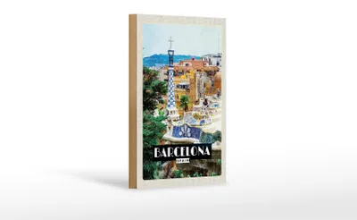 Produktbild von Holzschild Reise 12x18 cm Barcelona Spain Spanien Panorama