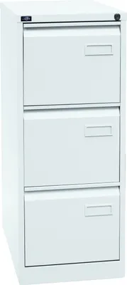 A white, three-drawer filing cabinet.