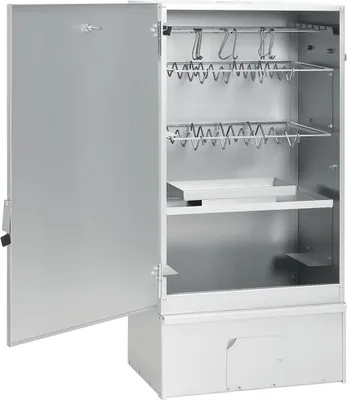 An open, empty smoker oven with shelves and hooks inside, shown from a front-side angle.