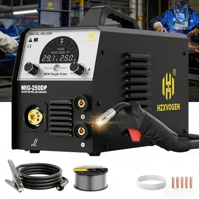 Obrázok produktu pre Zvárač MIG250DP – 5 v 1: MIG/MAG, MMA, Lift TIG – pulzný MIG – 150A, invertor IGBT – pre hliník/oceľ – 220–240V, zástrčka EU – veľký LED displej
