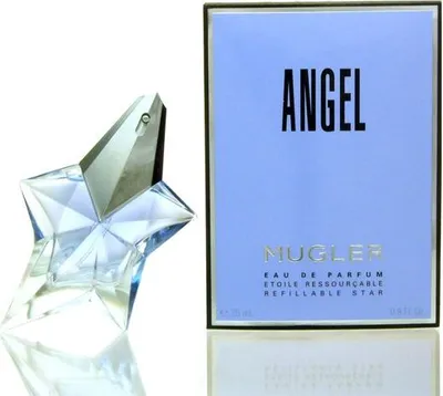 A perfume bottle and its packaging are displayed against a white background.