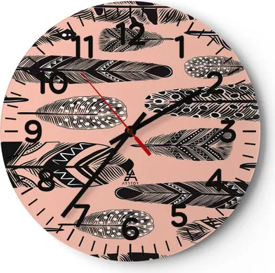 Produktbild von Wanduhr - Rund - Glasuhr - Grafik Feder - 30x30cm - Schleichendes Uhrwerk - Lautlos - zum Aufhängen bereit - Dekoration Modern - Wanddekoration aus Glas - C4AR30x30-3786