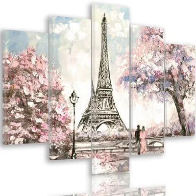 Produktbild von 5-teiliges leinwandbild frühling in paris 100x70 cm Feeby rosa wandbild bereit zum aufhängen
